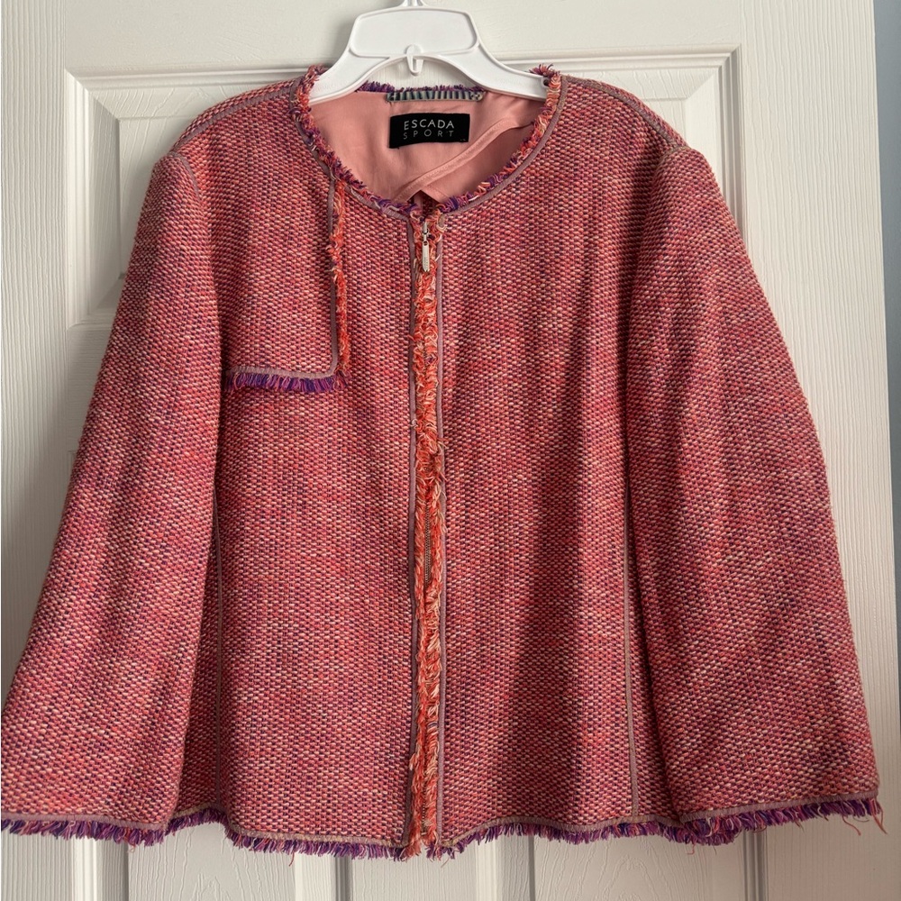 Escada Sport Pink Purple Tweed Fringe Zip Up  Women's Jacket